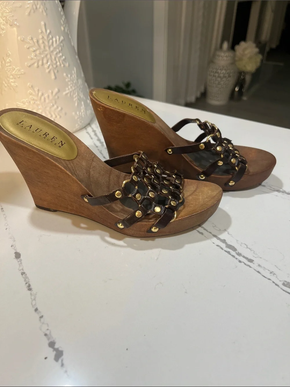 Lauren Ralph Lauren Brown Studded Wedge Sandals
